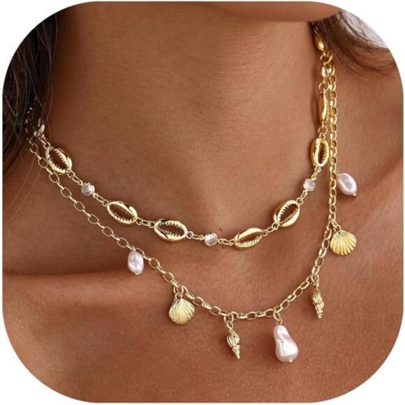 Shell Charm Necklace | 14K Gold Plated Pearl, Snail & Shell Layered Pendant. - Picture 1 of 6